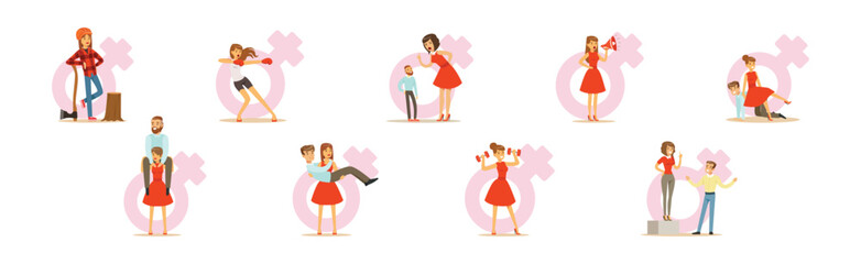 Strong Woman Character In Red Dress Have Power Vector Set