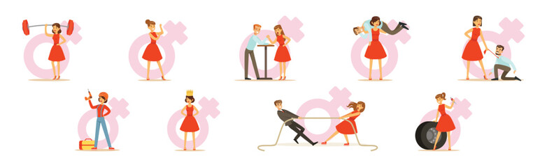 Strong Woman Character In Red Dress Have Power Vector Set