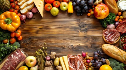 Variety of nutrient rich foods displayed attractively on rustic wooden background