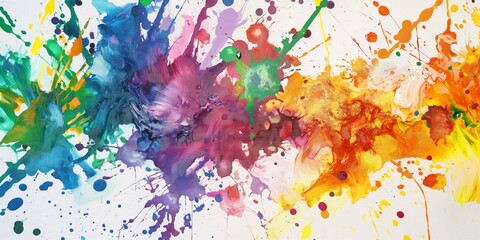 A dynamic and colorful explosion of paint splatters on canvas, perfect as an abstract background