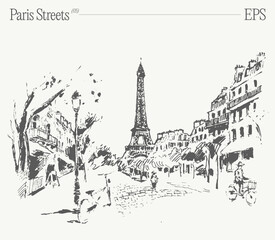 Hand drawn vector illustration of Eiffel Tower, Paris streets