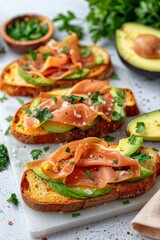 Turkey ham bruschetta on avocado slices on white backdrop for elegant presentation