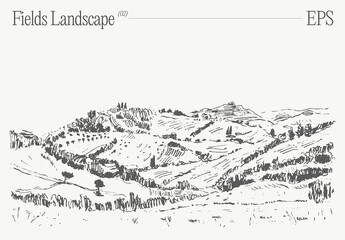 Obraz premium Rural landscape with grassy slopes. Hand drawn vector illustration, sketch.