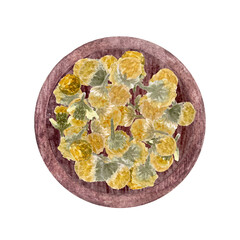 A bunch of chamomile flowers on a plate watercolor illustration isolated on white. High quality hand painted wild herb art for cards, packages, oil infusions, folk medicine recipes, herbal guides