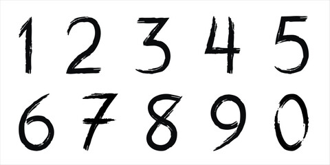 Number drawn by hand with brush. Grunge numbers from 0 to 9 in ink.