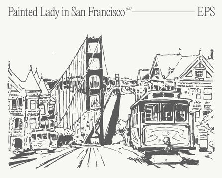 Painted Lady, Alamo Square in San Francisco. Hand drawn vector illustration, sketch.