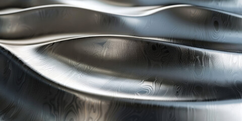 Abstract flowing metallic waves, creating a dynamic and futuristic visual effect with smooth, shiny surfaces and fluid motion in a silver and gray color palette..