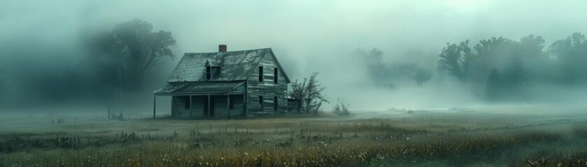Obraz premium Hauntedlooking farmhouse in a misty cornfield, perfect for eerie and atmospheric storytelling