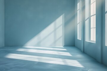 Fototapeta premium A dimly lit room with two windows, one of which is open and casts a long shadow on the floor.