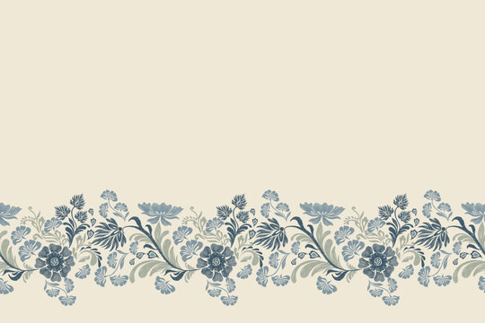 Tapestry floral pattern vintage ethnic modern embroidery texture boho design vector illustration hand drawn flower motif branches leaves wallpaper seamless background border.