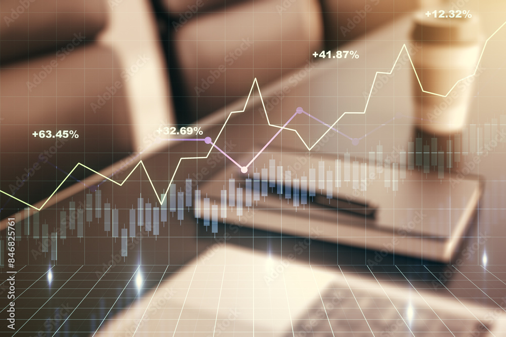 Poster multi exposure of abstract creative financial graph on modern computer background, forex and investm