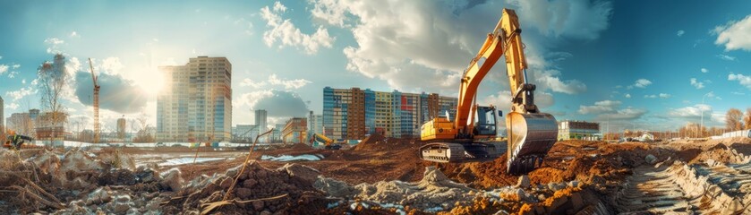 Heavy construction equipment operating on a building site, with an excavator digging soil under a bright, partly cloudy sky, showcasing modern construction work