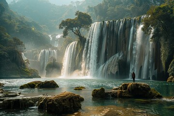 Naklejka premium A single person stands on a rock in front of a large waterfall in a lush, green forest. Generative AI