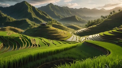 Fototapeta premium Generative AI. Admiring the intricate beauty of rice terraces carved into the mountains