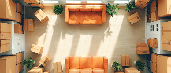 Increasing housing costs illustrated in a flat design, showing a family relocating to a new home with moving boxes. A pastel cartoon captures the economic impact and lifestyle changes.