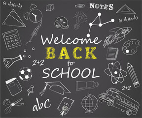 Welcome Back to School Poster. Cartoon character with school blackboard background and flat style drawings and doodle. Vector illustration. Banner for school

