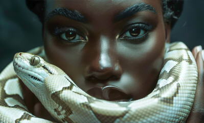face of a beautiful dark-skinned African woman with a white python on her neck, close-up photo, dark background