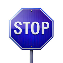 A blue stop sign with white lettering is isolated on a white background. Generative AI