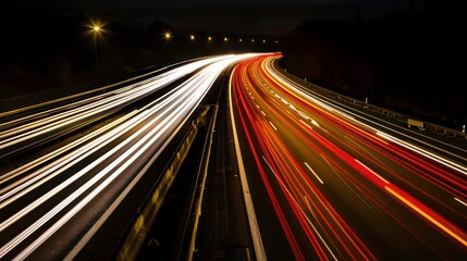 Obraz premium A long exposure shot capturing traffic flowing along a multi-lane highway at night. Generative AI