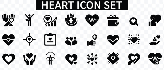 Heart icon set. Containing life, heartbeat, caring, passion, healthcare, emotional, like, charity and more. Solid vector icons collection.