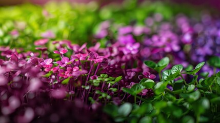Obraz premium Close-up of hydroponic microgreens in a high-tech indoor farm, capturing the vibrant colors and efficiency of the farming process
