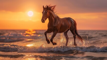 Close-up portrait of a brown horse galloping across a beach at sunset, water splashing around its hooves, exuding vitality