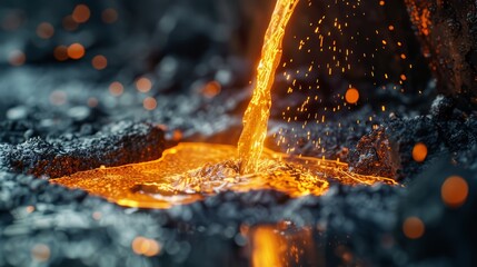 Detailed close-up of glowing molten metal flowing into a mold in a steel mill, highlighting the dynamic process and sparks - Powered by Adobe