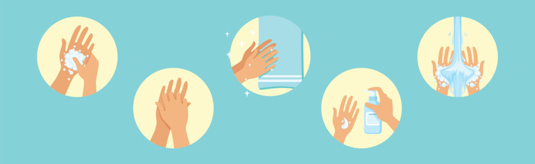 Clean Hands Hygiene and Wash Procedure Step Vector Set