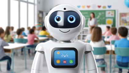 A friendly, interactive robot for educational purposes in a classroom. The robot has a round, approachable design with a digital face display.