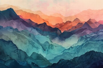 Vibrant and artistic colorful abstract mountain scape with textured layers and gradient hues. Inspired by nature. Contemporary and modern digital art illustration