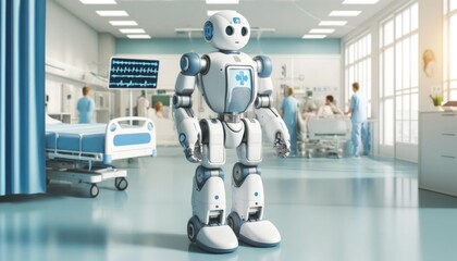 A robot designed for medical assistance in a hospital setting. It has a white and blue color scheme with a gentle, non-threatening design. 