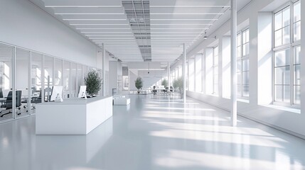Soft focus of a modern white open plan office, spacious and light-filled