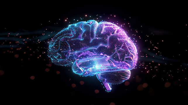 A picture of a brain with purple and blue lights. Generative AI