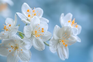 Four white flowers with yellow centers in a light blue background