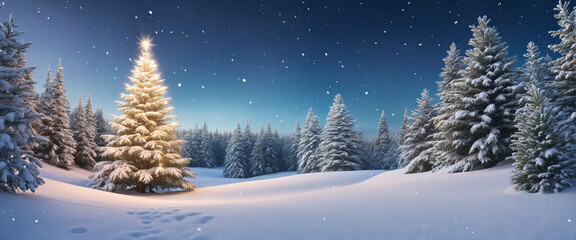 Winter Wonderland Christmas Banner with Glowing Snowflakes and Spruce Trees in Snowy Forest