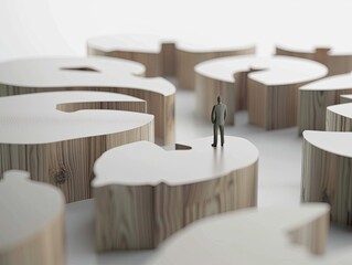 A miniature human figure stands on large 3D wooden question marks, symbolizing confusion, uncertainty, and decision making.