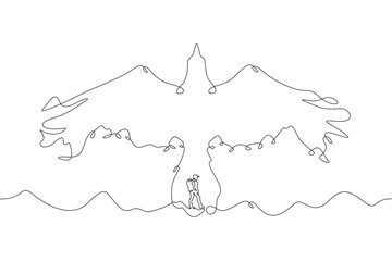 Tourist climber in the mountains. Mountain landscape. Mountain silhouette in the form of a flying bird.One continuous line . Line art. Minimal single line.White background. One line drawing.