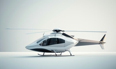 A sleek white helicopter displayed in a minimalist setting, showcasing modern aviation design and technology.