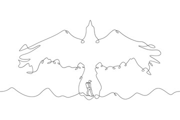 Tourist climber in the mountains. Mountain landscape. Mountain silhouette in the form of a flying bird.One continuous line . Line art. Minimal single line.White background. One line drawing.