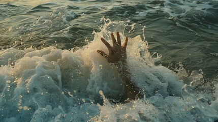 A hand reaching out of the water, swimming in an ocean with waves, struggling for life and help