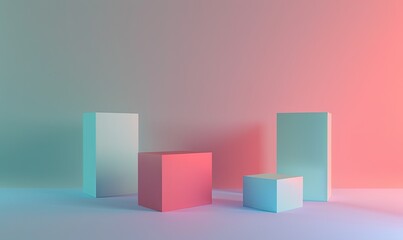 Obraz premium Abstract 3D geometric shapes with gradient lighting in pink and blue tones, creating a modern and minimalist visual aesthetic.