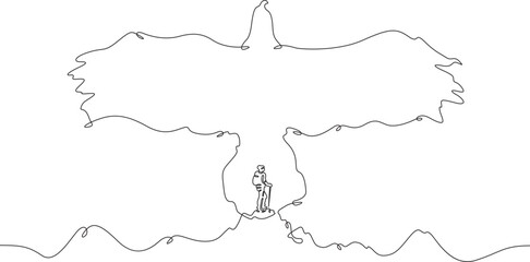 Tourist climber in the mountains. Mountain landscape. Mountain silhouette in the form of a flying bird.One continuous line . Line art. Minimal single line.White background. One line drawing.