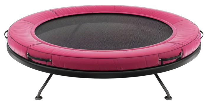 A pink mini trampoline with black legs isolated on a white background.  cut out. transparent background. PNG