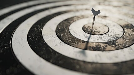 Close-up of a dart hitting the bullseye on a target. Concept of precision, success, and goal achievement.
