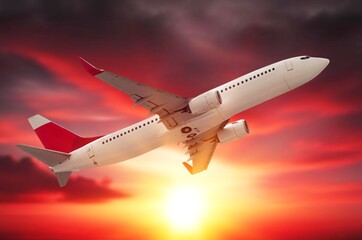 Airplane flight in colored sunset sky