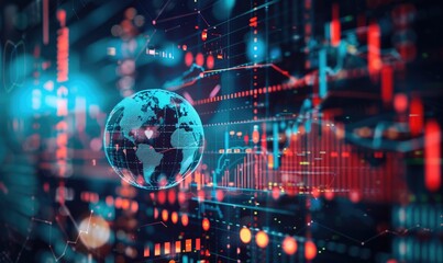 Futuristic digital globe with data visualization and stock market trading chart, representing global technology and financial trends.