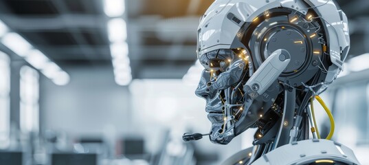 Fototapeta premium Cheerful customer service robot at work on computer in blurred office setting with space for text