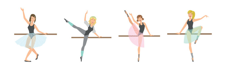 Beautiful Woman Ballerina Character with Slim Body in Pointe Shoes Do Pirouette Vector Set