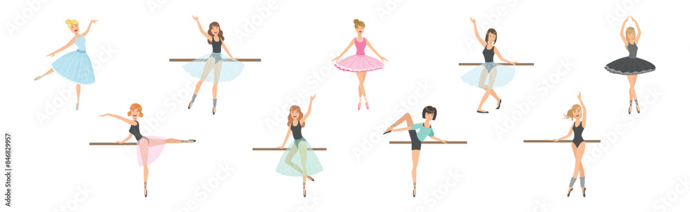 Wall mural Beautiful Woman Ballerina Character with Slim Body in Pointe Shoes Do Pirouette Vector Set