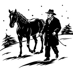 an old man leads a horse walking in the snow silho vector illustration